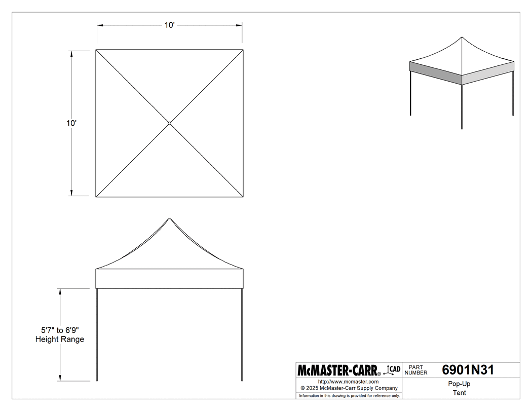 Technical Drawing of Pop-Up Tent, 10' Wide x 10' Deep, 4 Legs, White.